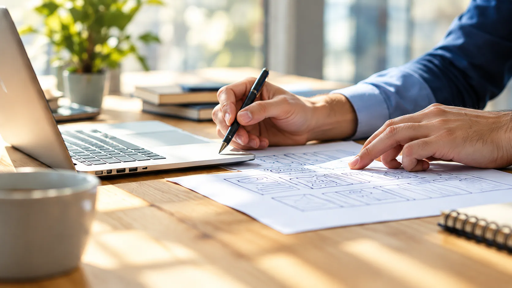 Hands reviewing a project plan and contract next to a laptop