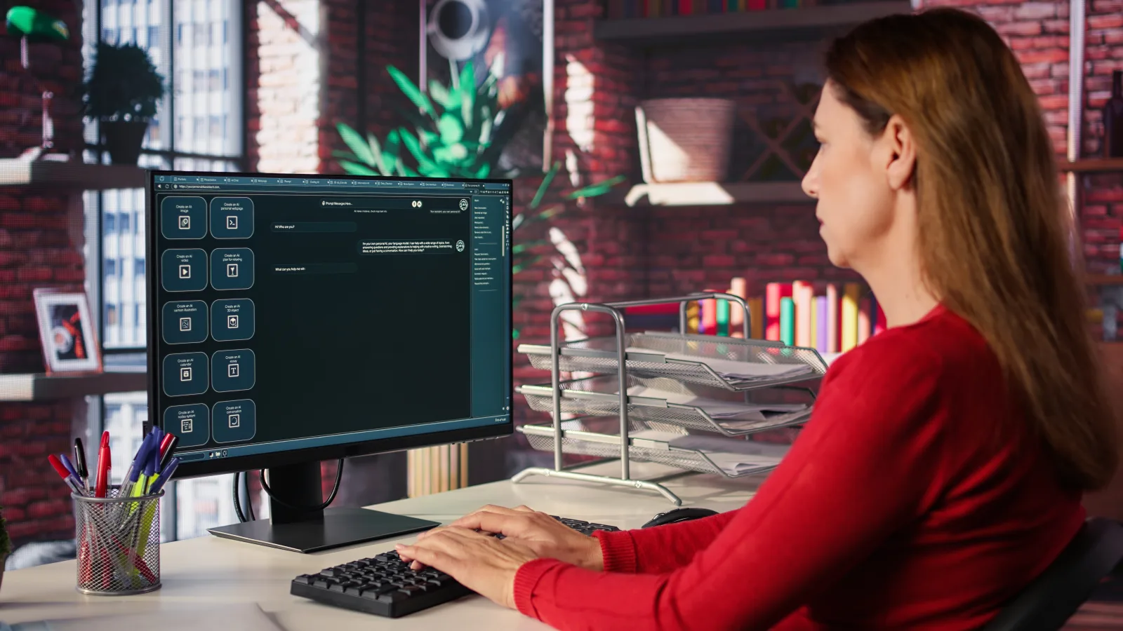 Developer reviewing code and delivery dashboards at her workstation